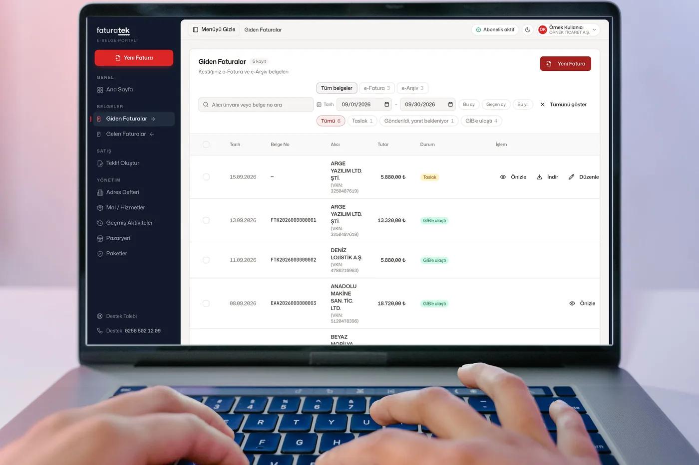 FaturaTek Portal — Giden Faturalar ekranı